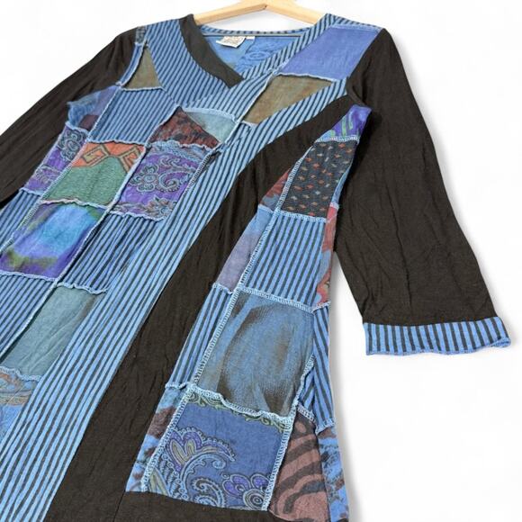Parsley & Sage Tunic Dress M Patchwork Colorful Artsy Boho Lagenlook Blue Black - Picture 3 of 6